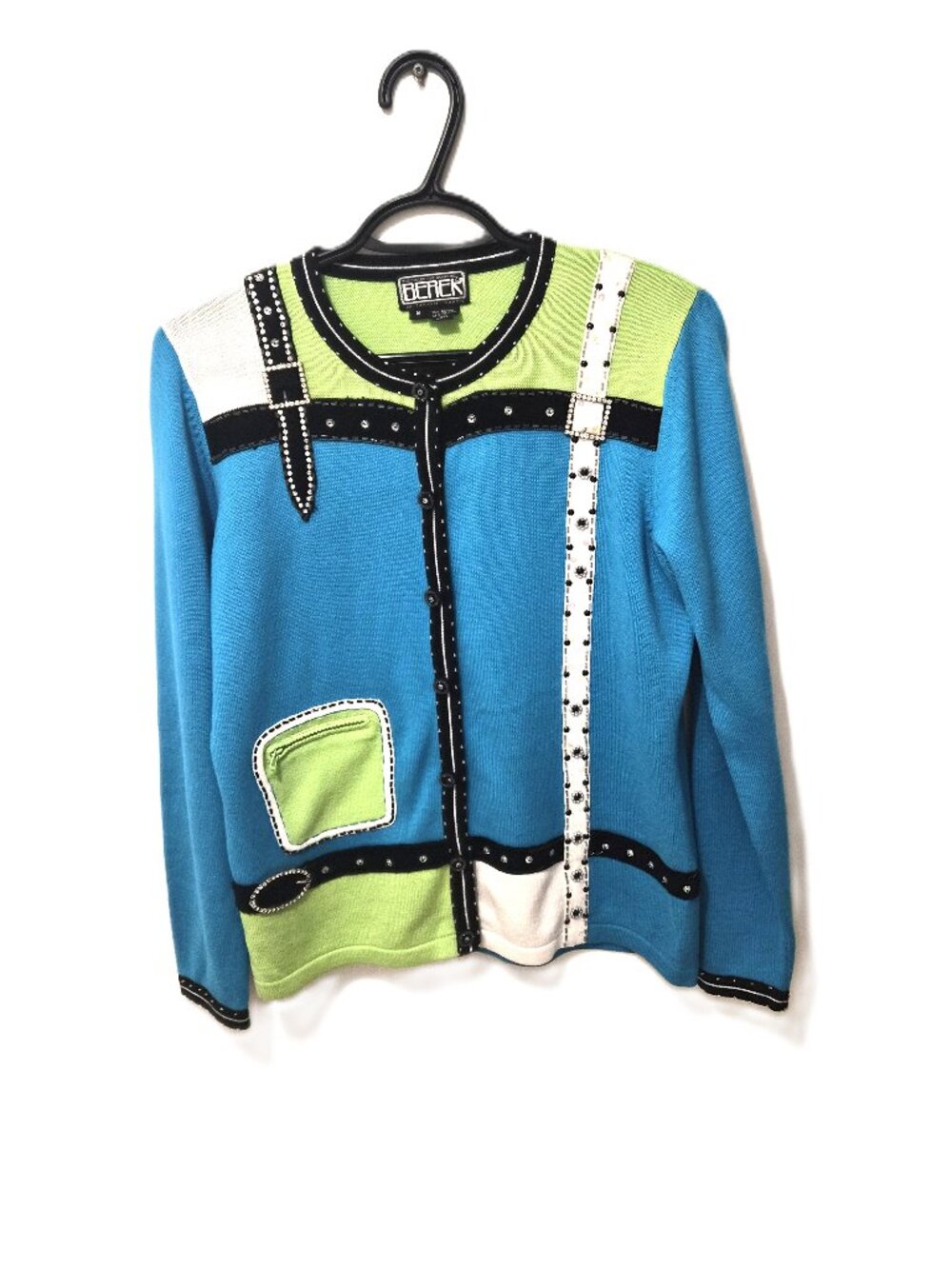 VTG Berek 2 by Takako Sakon Cardigan USA Beaded Colorblock Art Sweater Novelty
